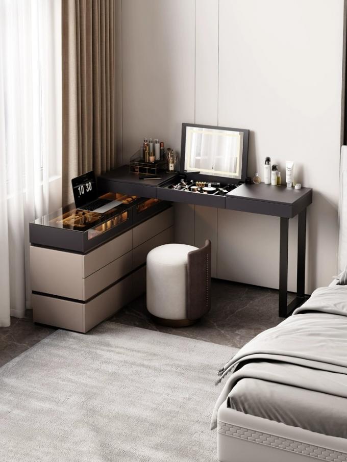 Custom Upholstered Dark Wood Dressing Table Bedroom Makeup Vanity 0