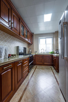 buy Wood Grain Kitchen Cabinet Slab Door Panel Cupboard With Quartz Countertop online manufacturer