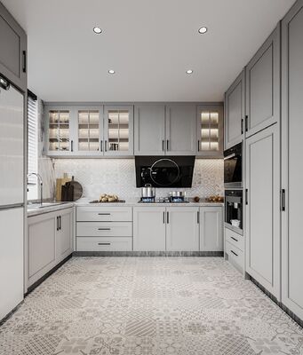 Modern L-Shaped Kitchen Cabinet Set Melamine Finish Particle Board Cabinet