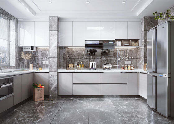 Anti Scratch Affordable HPL HPDL MDF Kitchen Cabinet With Quartz Countertop