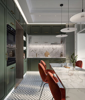 Anti Scratch Affordable HPL HPDL MDF Kitchen Cabinet With Quartz Countertop