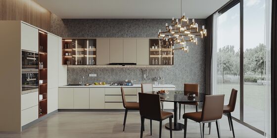 Steel Handleless Lacquer PVC Kitchen Cabinet With Big Island For Restaurant