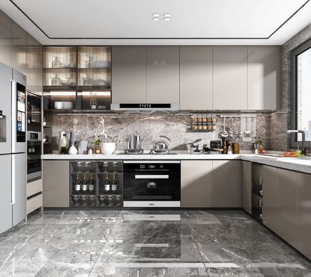 Modern Kitchen Cabinet With Marble Countertop And Solid Wood Door Material