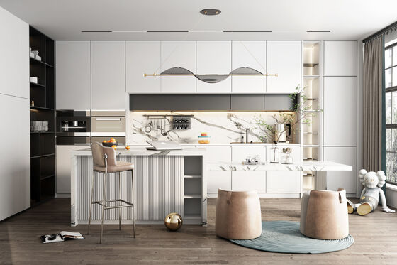 Modern Plywood Kitchen Cupboard Set HPL Fireproof Solid Wood Cabinet