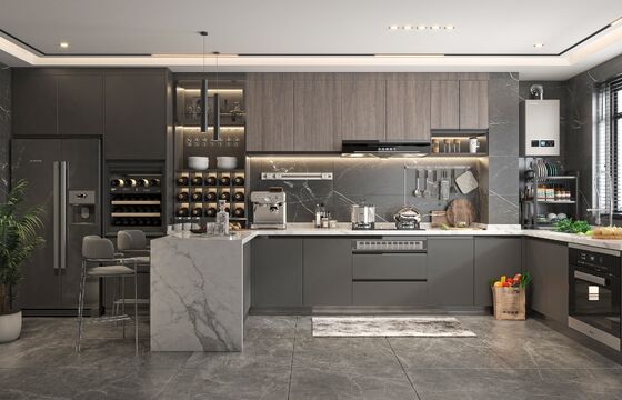 Matte Lacquer Finish Brown L&U Shape Wooden Furniture Of Kitchen Cupboard