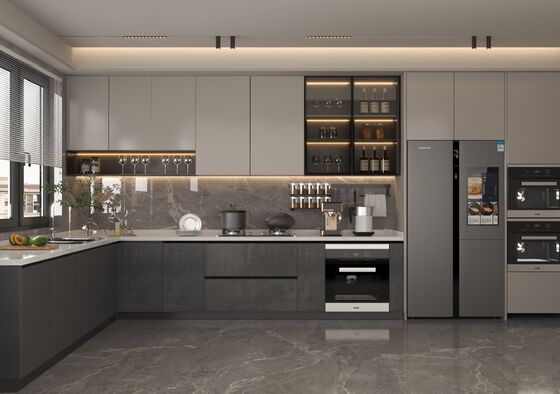 Modern Style Straight Line Kitchen Cabinets With Island In White Particle Board