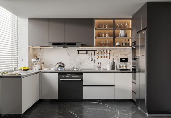 Modern Style Straight Line Kitchen Cabinets With Island In White Particle Board