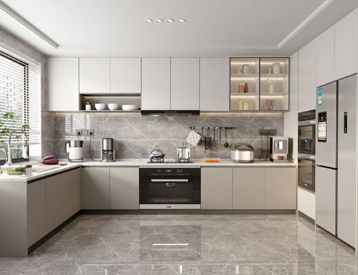 Modern Style Straight Line Kitchen Cabinets With Island In White Particle Board