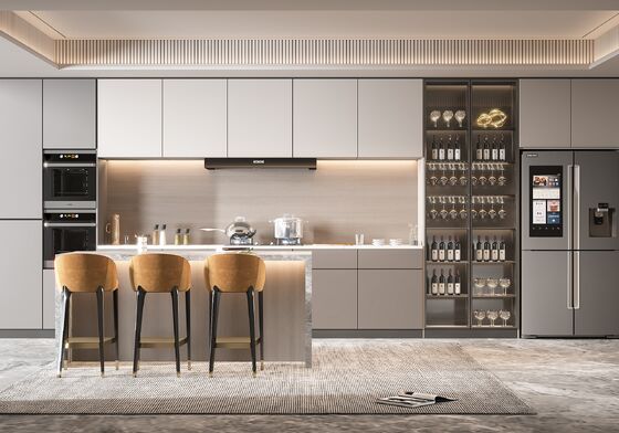 Modern Style Straight Line Kitchen Cabinets With Island In White Particle Board