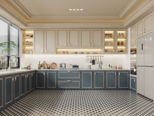 Modern Style Straight Line Kitchen Cabinets With Island In White Particle Board