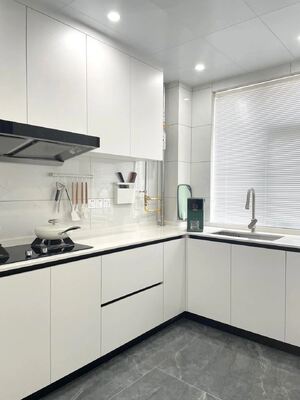 L-Shaped Open Kitchen Flat Panel Cupboard with Benchtop Kitchen Cabinets