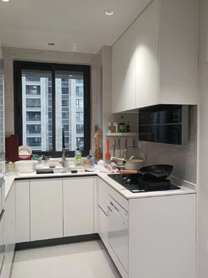 Three Section Track Linear Style Wood Kitchen Cabinet Wooden Cupboard