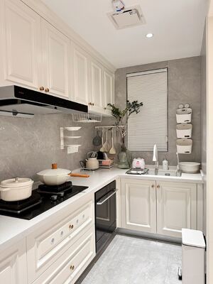 Three Section Track Linear Style Wood Kitchen Cabinet Wooden Cupboard