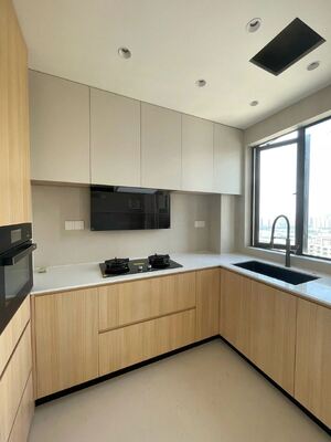 L Shape Melamine Kitchen Cabinet with Quartz Countertop