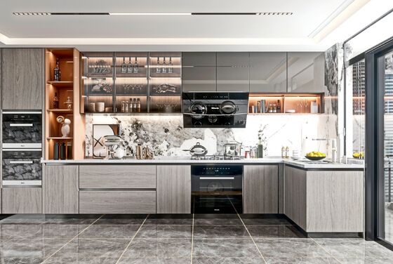 Modern Melamine Kitchen Cabinet with Quartz Countertop