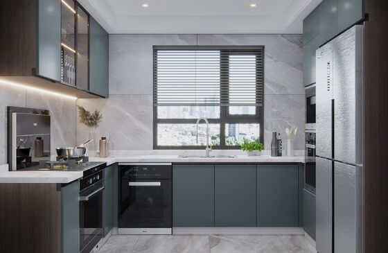 Modular Kitchen Cabinets with Backsplash & Drawer Accessories