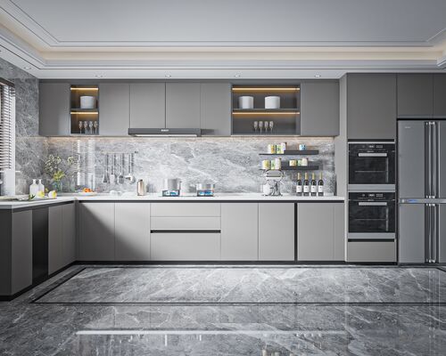 Modular Kitchen Cabinets with Backsplash & Drawer Accessories