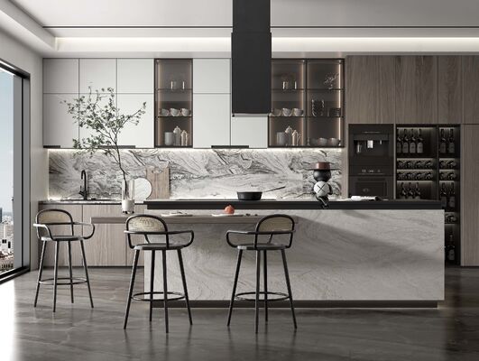 Modern Sintered Stone Kitchen Island with Custom Cabinets