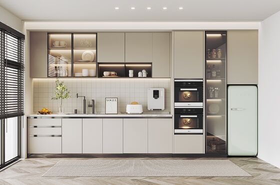 L-Shaped Modular Kitchen Cabinets Wood Grain Matte Lacquer Finish Built-In