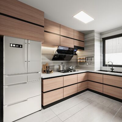 Modern L-Shaped Kitchen Cabinet Set Melamine Finish Particle Board Cabinet