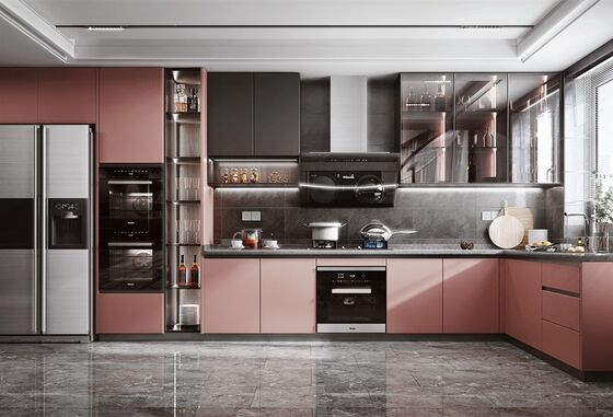 Modern L-Shaped Kitchen Cabinet Set Melamine Finish Particle Board Cabinet
